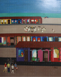Colorful painting of a street scene with people and buildings.