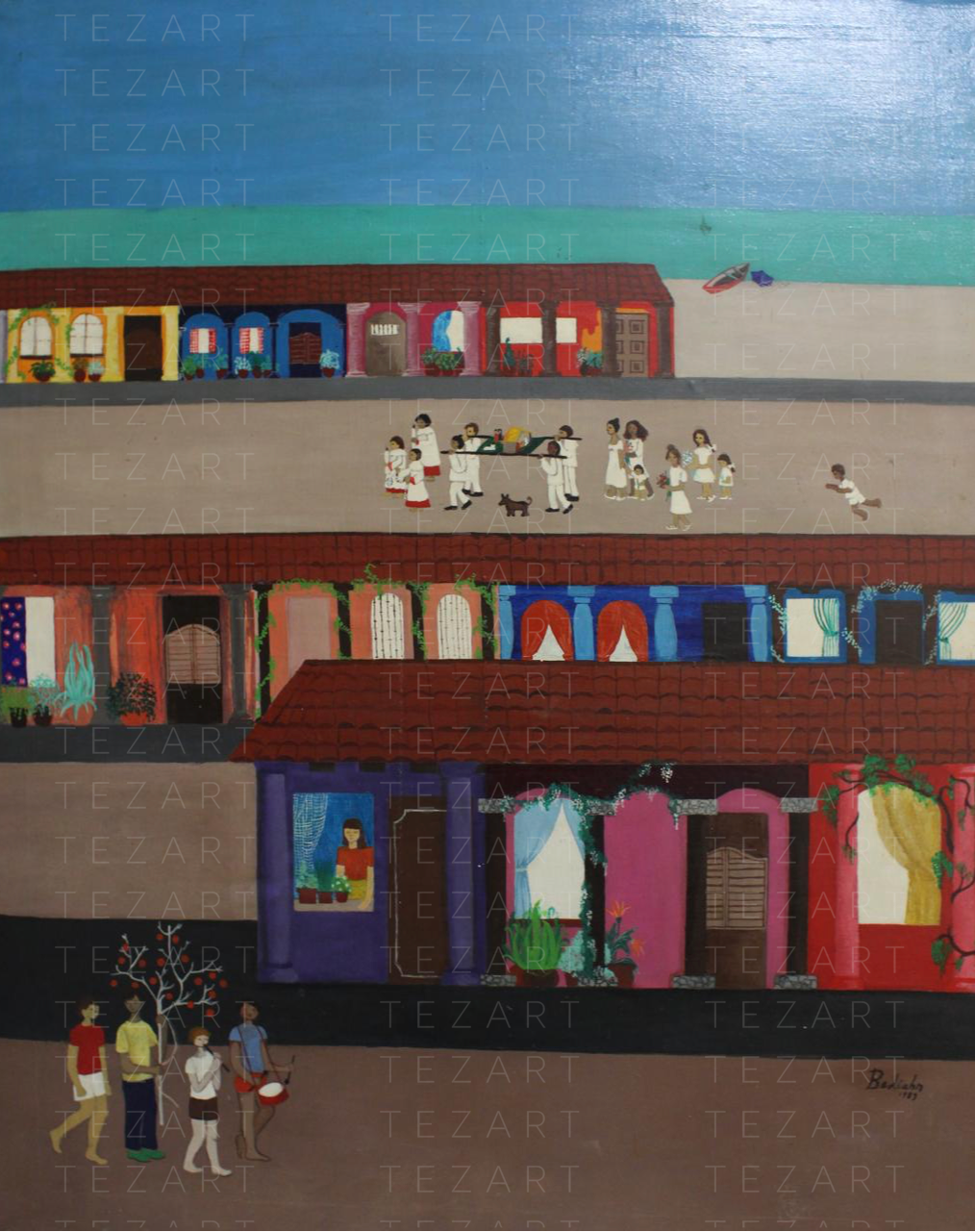Colorful painting of a street scene with people and buildings.