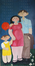 Painting of a family with a woman holding a child and a man standing behind, set against a blue background.