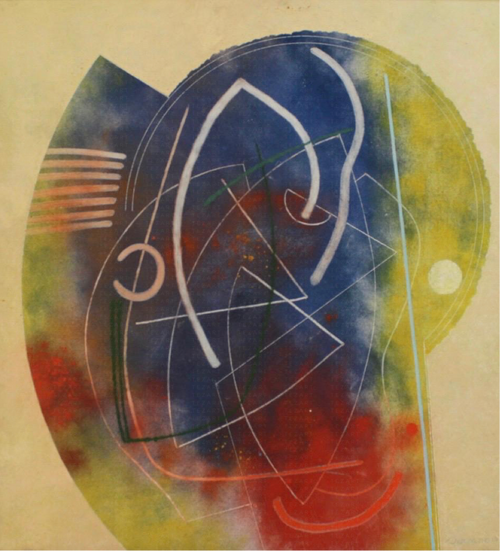 Abstract artwork with geometric shapes and lines on a beige background